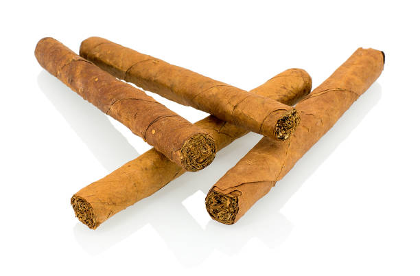 istock Four stack cuban cigars isolated on white backround with shadow reflection. Original homemade cuban cigar. Cigars stacked macro closeup on white backdrop. Tobacco leaf. 950305722