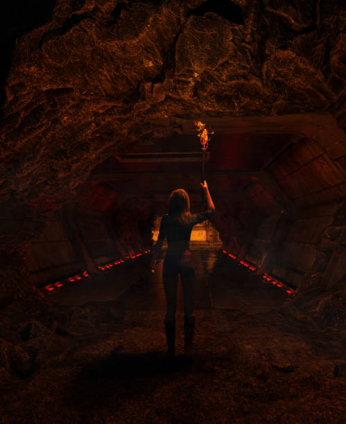 istock Girl with torchlight discover a derelict sci-fi tunnel 950306684