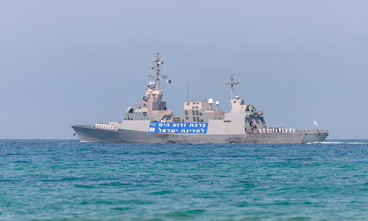 Haifa, Israel - April 19, 2018 : A combat ship is participating in a maritime parade off the coast of Haifa in honor of the 70th anniversary of the independence of the State of Israel