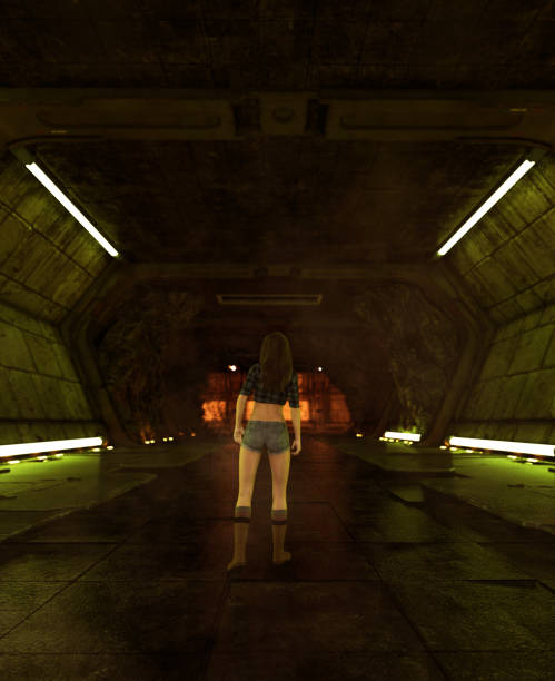 istock Girl walking alone in sci-fi corridor 950308918