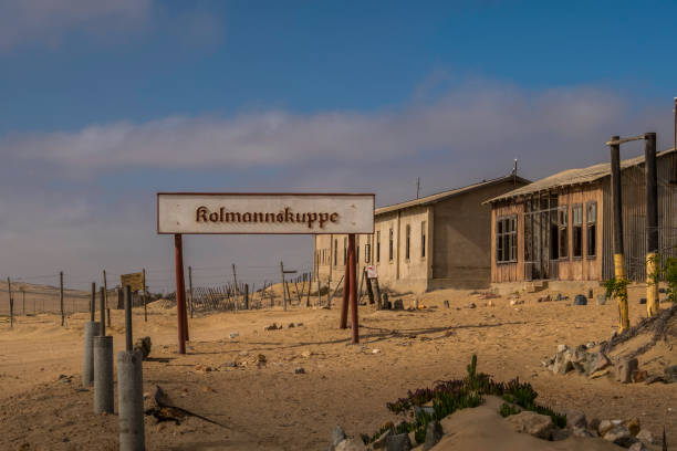 Kolmanskop sign Kolmannskuppe, German spelling of Kolmanskop, sign with abandoned buildings in ghost town of former diamond mining community in the Namib Desert of Namibia kolmanskop namibia stock pictures, royalty-free photos & images