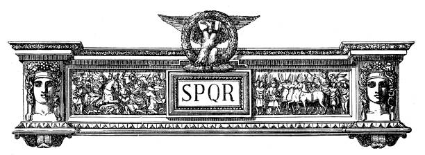 spqr to inicjalizm wyrażenia po łacinie: senātus populusque rōmānus ("rzymski senat i ludzie", lub bardziej swobodnie jako "senat i ludzie rzymu", odnosząc się do rządu starożytnej republiki rzymskiej - ancient rome text latin script roman stock illustrations