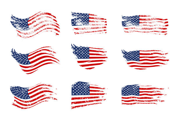illustrations, cliparts, dessins animés et icônes de vintage, agitant le drapeau usa définie. vector en agitant des drapeaux américains sur la texture grunge. - grunge flag