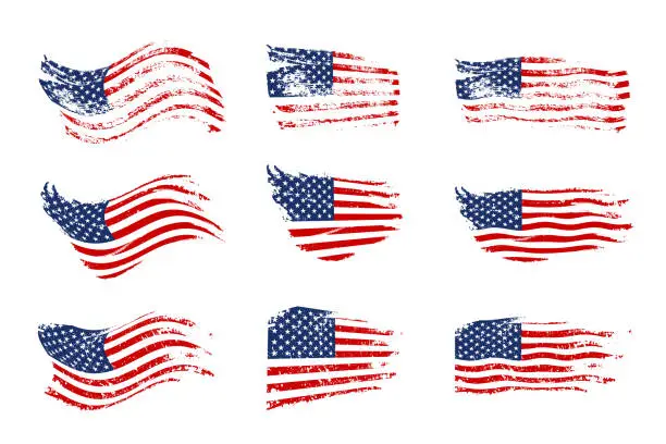 Vector illustration of Vintage waving USA flag set. Vector waving American flags on grunge texture.