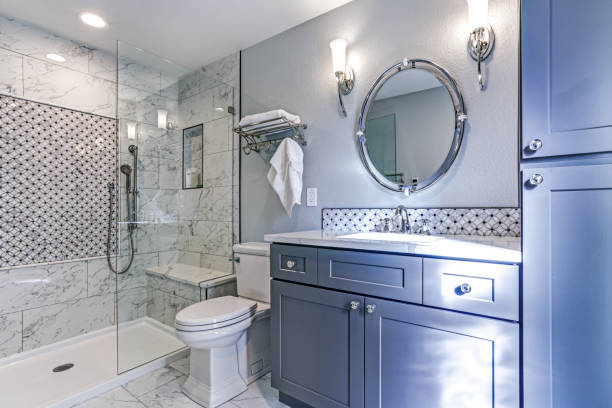 istock New blue bathroom design with Marble shower Surround 950319064
