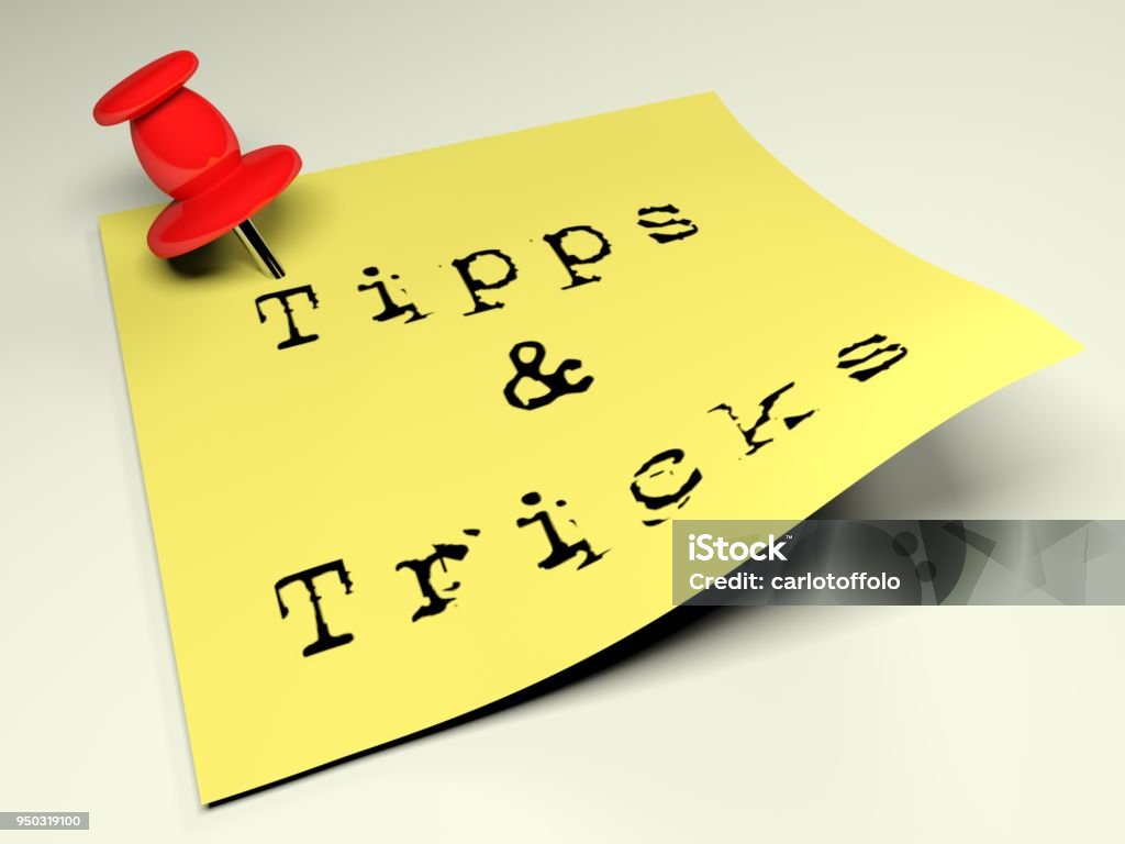 Yellow post with the write Tipps & Tricks - 3D rendering A yellow post is attached to a white table with a red thumbtack. On it there is the write Tipps & Tricks written with an old typewriter - 3D rendering illustration Magic Trick Stock Photo