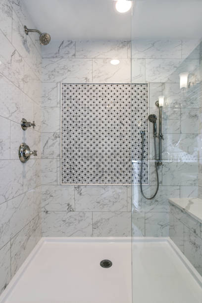 istock Lovely walk-in shower with carrera Marble Surround 950319294