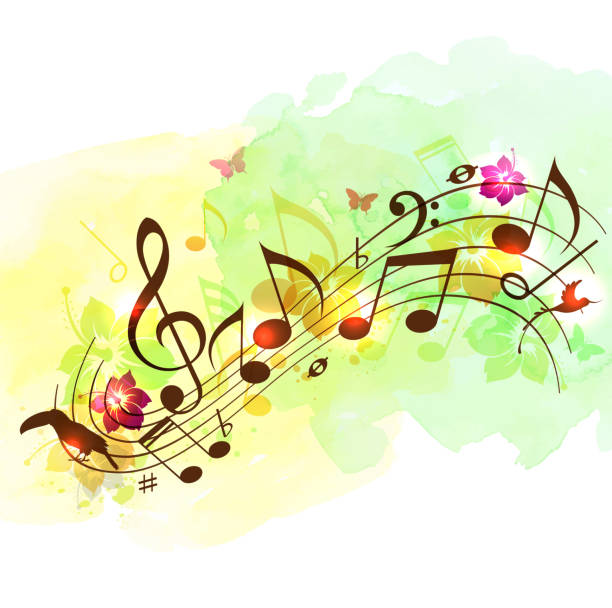 Abstract music background with notes Abstract music background with notes, tropical flowers and watercolor texture. tropical music stock illustrations