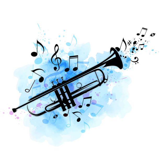 ilustraciones, imágenes clip art, dibujos animados e iconos de stock de trompeta negra, notas y textura acuarela azul - bugle trumpet jazz music