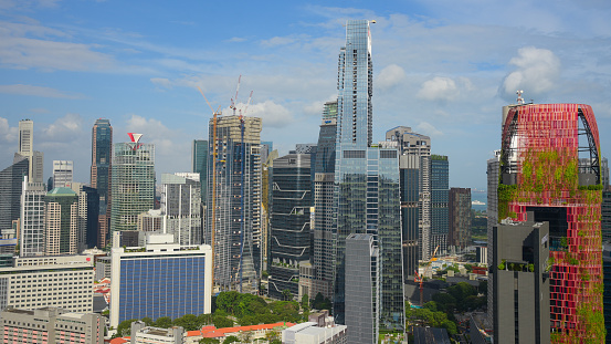 Panoramic  view of the Singapore Skyline and Marina Bay, the marina is the centre of the economy in singapore, there are here all the building of all the majors bank and insurance.