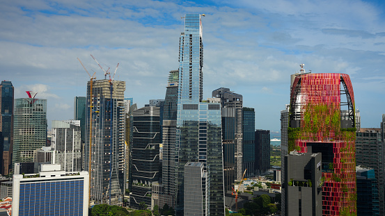 Panoramic  view of the Singapore Skyline and Marina Bay, the marina is the centre of the economy in singapore, there are here all the building of all the majors bank and insurance.