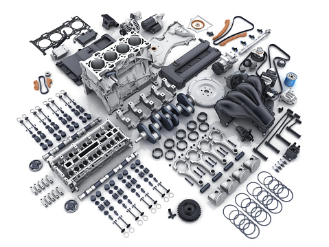 Car engine disassembled. Many parts on white background. 3d illustration