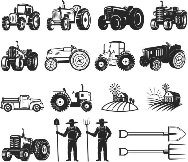 ilustrações de stock, clip art, desenhos animados e ícones de set of farmers market design elements. tractor icons. design elements for  label, emblem, sign, badge. - tractor