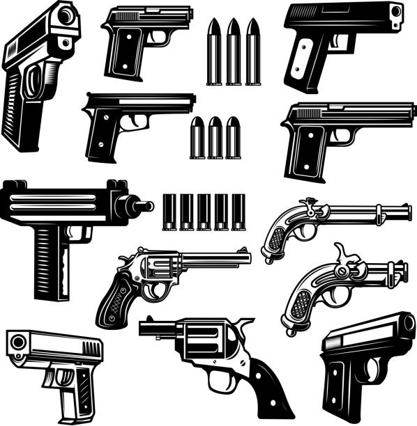 Set of handgun, revolver illustrations. Design elements for  label, emblem, sign, badge. Set of handgun, revolver illustrations. Design elements for  label, emblem, sign, badge. Vector illustration handgun stock illustrations