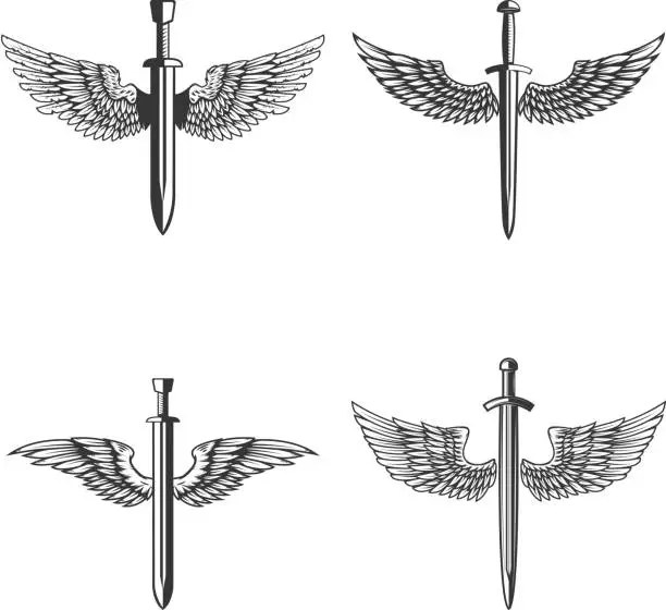 Vector illustration of Set of emblems with medieval sword and wings. Design element for  label, emblem, sign.