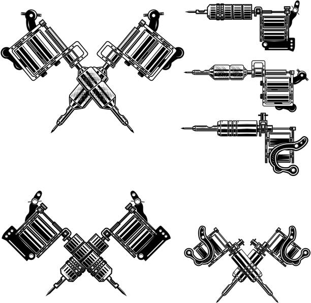 набор иллюстраций тату-машины. элементы дизайна для украшения тату студии, этикетки, эмблемы, знака. - tattoo gun stock illustrations
