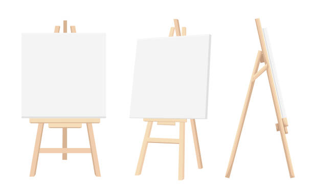 ilustrações de stock, clip art, desenhos animados e ícones de vector set of brown sienna wooden easels with mock up empty blank canvases isolated on background paint desk and white paper isolated on background. vector illustration web site page and mobile app - artists canvas illustrations