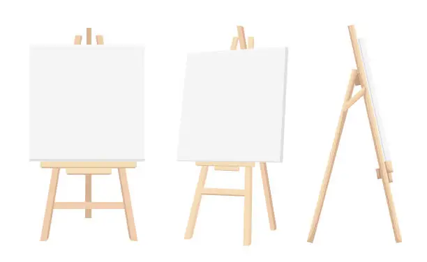 Vector illustration of Vector Set of Brown Sienna Wooden Easels with Mock Up Empty Blank Canvases Isolated on Background Paint Desk and White Paper Isolated On Background. Vector illustration Web site page and mobile app