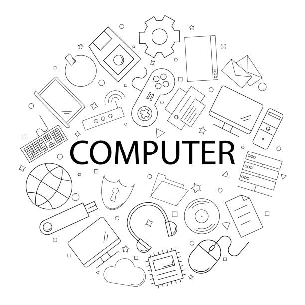 ilustraciones, imágenes clip art, dibujos animados e iconos de stock de patrón de ordenador vector con palabra. fondo de ordenador - antivirus software audio