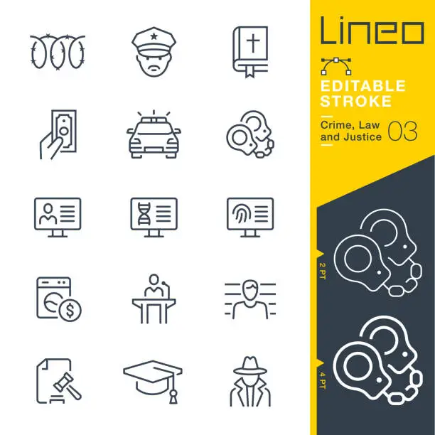 Vector illustration of Lineo Editable Stroke - Crime, Law and Justice line icons