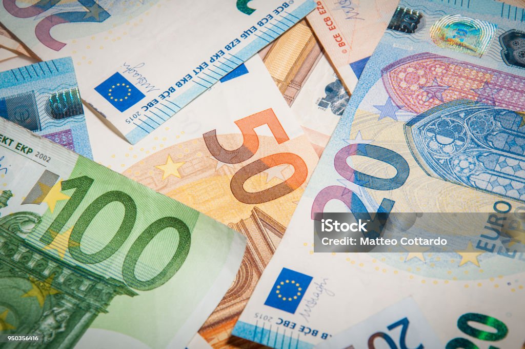 close-up group of euro money banknote: 20 euro 50 euro 100 euro banknote: 20 euro 50 euro 100 euro thrown on the ground Currency Stock Photo