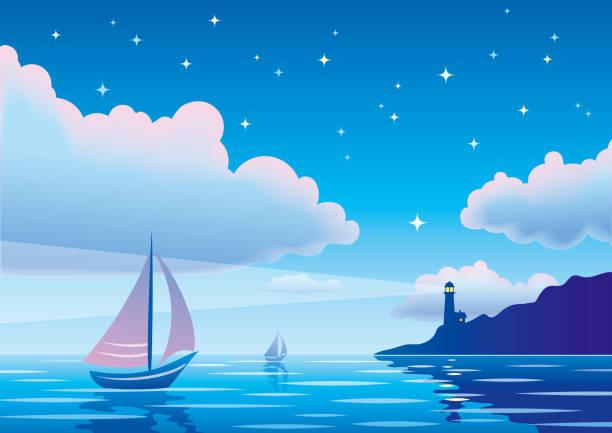 Vector evening seascape with sailboat, lighthouse and clouds in starry sky vector art illustration