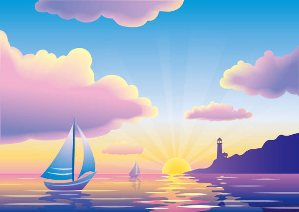 Vector sunset or sunrise seascape with sailboat and lighthouse vector art illustration