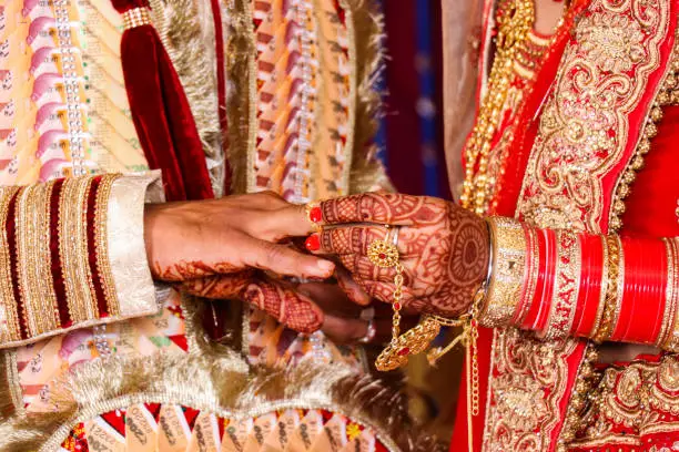 Photo of close up picture of ring ceremony of Indian wedding.