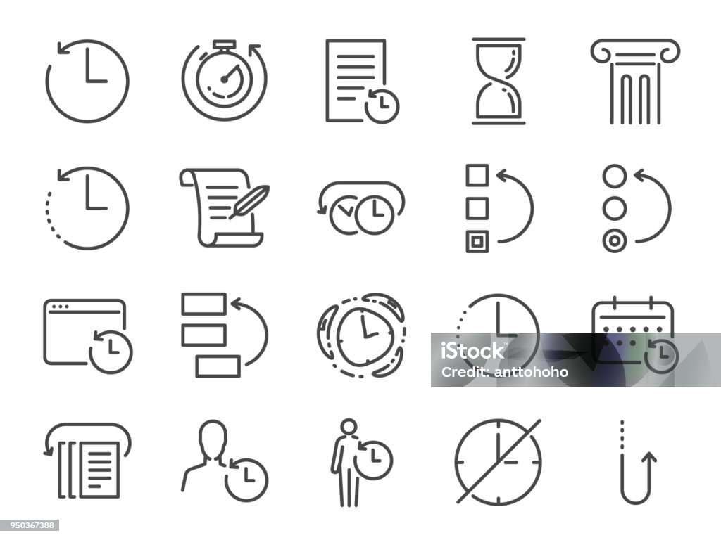 Conjunto de iconos de gestión historia y tiempo. Incluye los iconos como Anti-Aging, volver, tiempo, atrás, giro de 180 grados, máquina del tiempo, espera, reprogramar y más - arte vectorial de Ícono libre de derechos