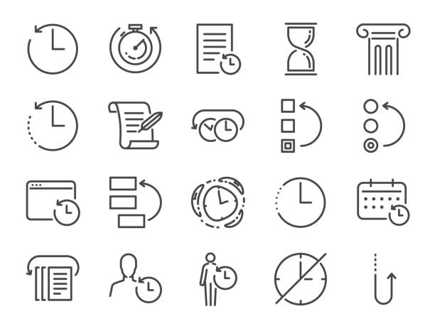 ilustrações de stock, clip art, desenhos animados e ícones de history and time management icon set. included the icons as anti-aging, revert, time, reverse, u-turn, time machine, waiting, reschedule and more - multiplication