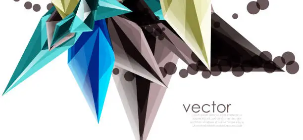 Vector illustration of Color glass crystals on white background, geometric abstract composition with glass gemstones and copyspace, background template