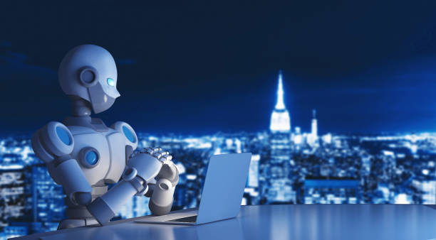 istock Robot using a laptop computer in city, artificial intelligence in futuristic technology concept, 3d illustration 950370822