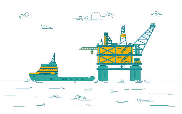 oil platform flat design vector of oil platform with freight ship on operating process for industrial infographics oil derrick crane crane exploration stock illustrations