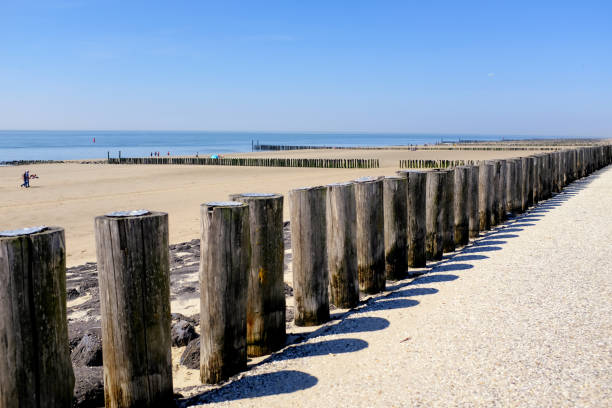 Zoutelande, Zeeland,Netherlands - April 19, 2018:Landscape with promenade near the sandy beach with rows of wooden poles on the beach at low tide.