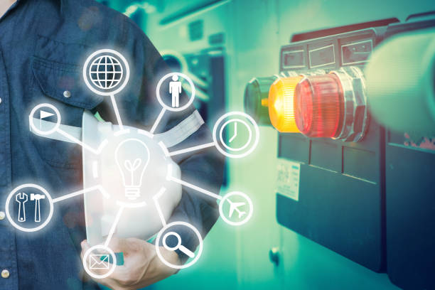 istock Double exposure of Engineer or Technician man holding safety hat in switch gear electrical room oil and gas platform or plant industrial with tools icon, business and electrical industry concept. 950377310