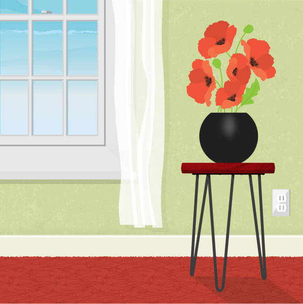 ilustrações, clipart, desenhos animados e ícones de janela em casa interior vaso de flor - side table illustrations