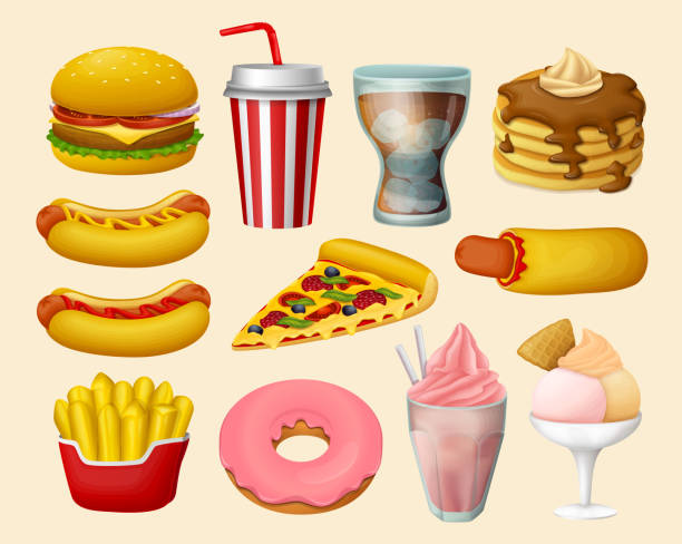 illustrazioni stock, clip art, cartoni animati e icone di tendenza di set di icone colorate del fast food - cream ice symbol french fries