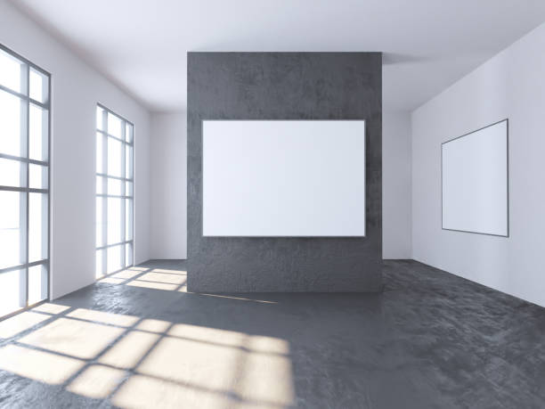 istock Bright concrete room with empty poster. Gallery, exhibition, advertising concept. Mock up, 3D illustration 950390646