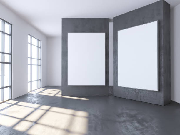 istock Bright concrete room with empty poster. Gallery, exhibition, advertising concept. Mock up, 3D illustration 950390758