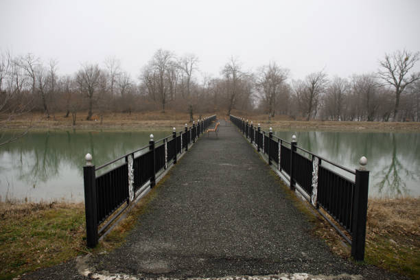 incroyable paysage du pont reflètent sur les eaux de surface du lac, brouillard s’évaporer de la scène romantique de faire étang ou beau pont sur le lac avec des arbres au brouillard. - bench forest pond autumn photos et images de collection