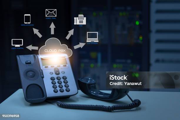 Ip Telephony Cloud Pbx Concept Telephone Device With Illustration Icon Of Voip Services Stock Photo - Download Image Now