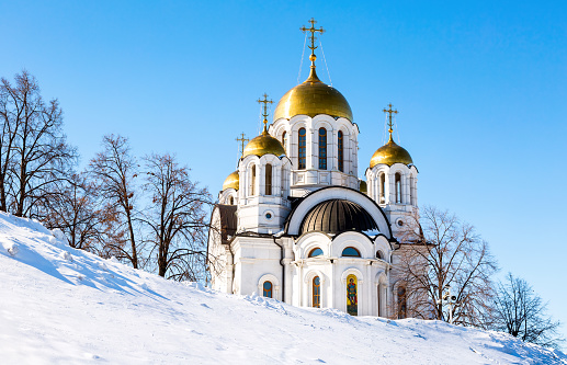 Russian orthodox church in wintertime. Temple of the Martyr St. George in Samara, Russia