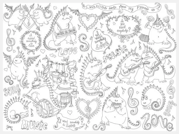 Vector illustration of Vector set of funny hand drawn cartoon dragons playing music and singing a song. Dark gray doodle drawing on a white background. Coloring book page for adults and children