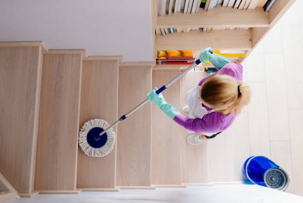 istock Woman in white apron cleaning stairs 950404096