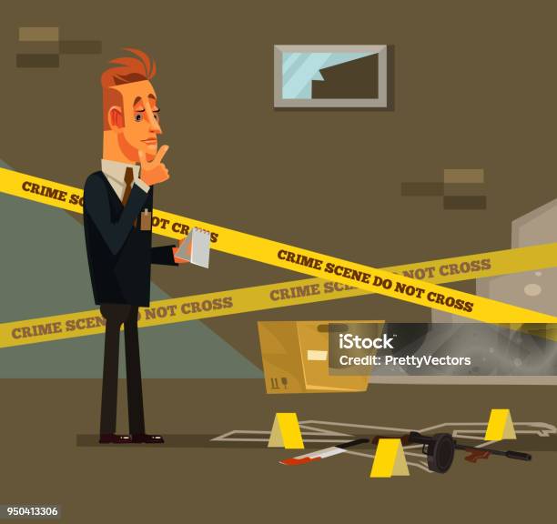 Thinking Inspection Young Modern Detective Agent Character At Crime Scene Near Killed Dead Body Corpse White Line Criminal Investigate Police Inspector Concept Vector Flat Cartoon Illustration Stock Illustration - Download Image Now