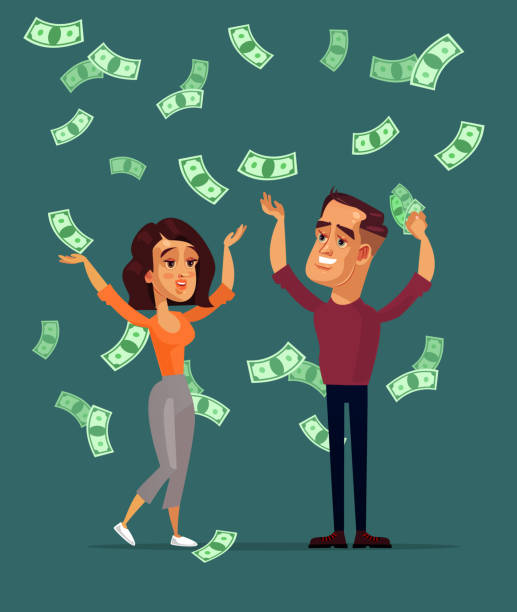 Happy Smiling Successful Man Husband And Woman Wife Characters Family  Standing Under Money Rain Lottery Income Bonus Winner Cash Savings Banking  Concept Vector Flat Cartoon Graphic Design Isolated Illustration Stock  Illustration -