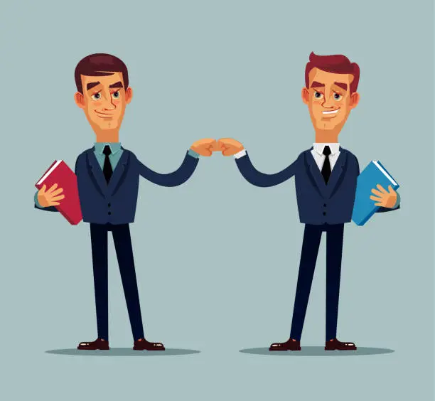 Vector illustration of Two happy smiling colleague office worker businessman boss character. Teamwork career helping hand concept. Vector flat cartoon isolated illustration