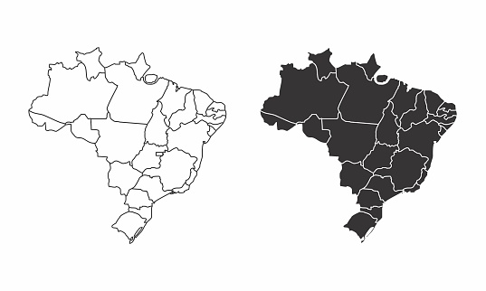 Simplified maps of Brazil with state divisions. Black and white outlines.