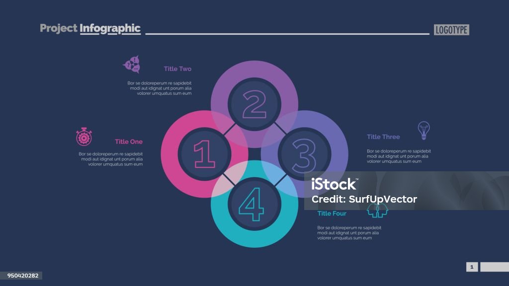 Quadruple Intersect Slide Template Quadruple intersect slide template. Business data. Graph, diagram. Creative concept for infographic, templates, presentation, report. Can be used for topics like workflow, strategy, analysis Abstract stock vector