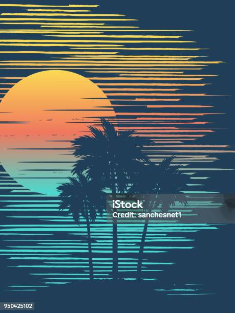 Beautiful Tropical Sunset Stock Illustration - Download Image Now - Beach, Palm Tree, Summer